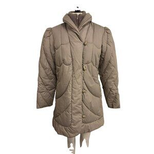 Vintage Ms. Freddi Taupe Quilted Coat With Puff Shoulders and Knit Collar S